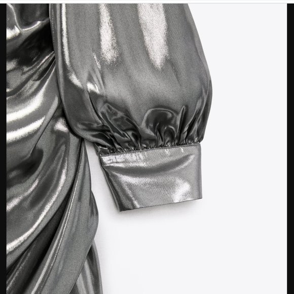 ZARA SILVER LAPEL SURPLICE WRAP EFFECT V NECK LAMINATED METALLIC DRESS $119 - Picture 5 of 13